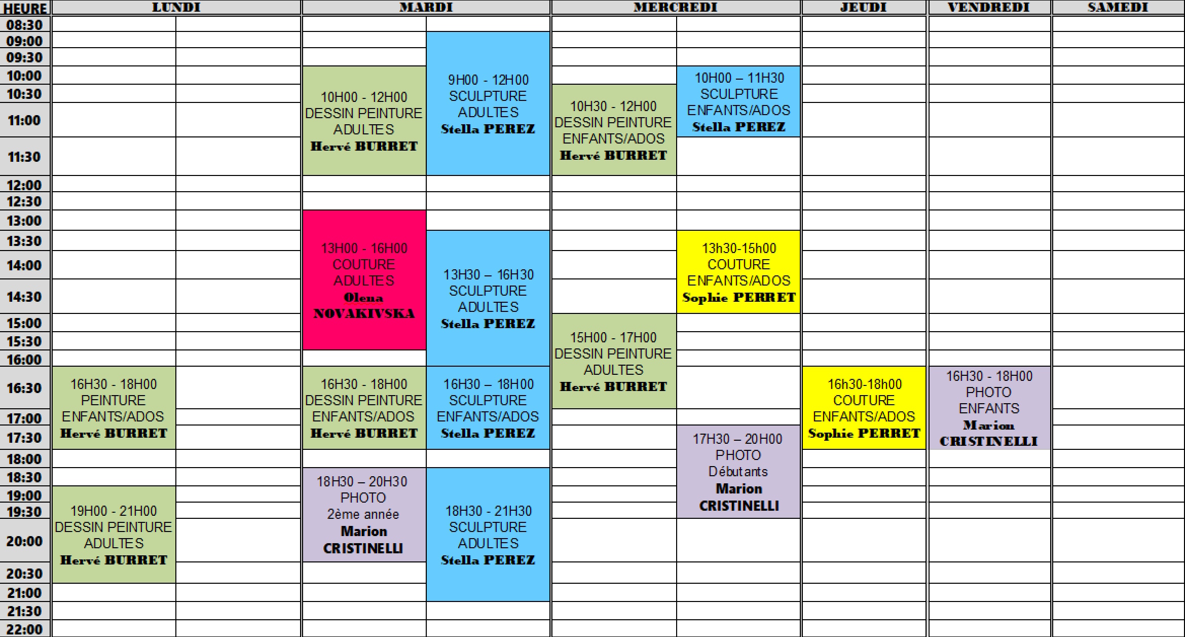 Planning cours Arthémis V12